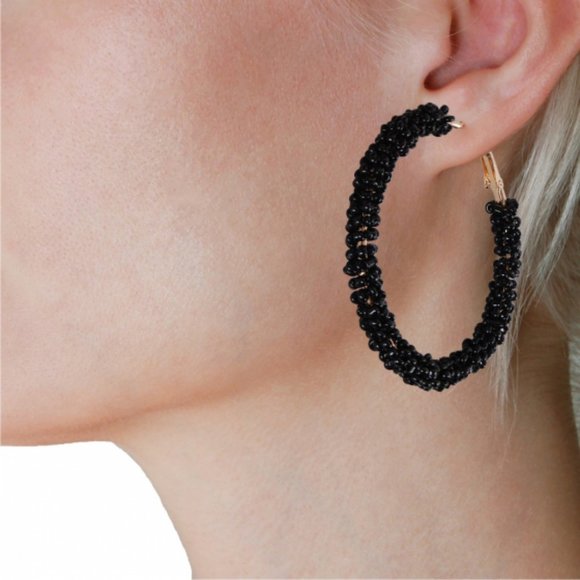 Black Beaded Hoop Earrings - Picture 2 of 4